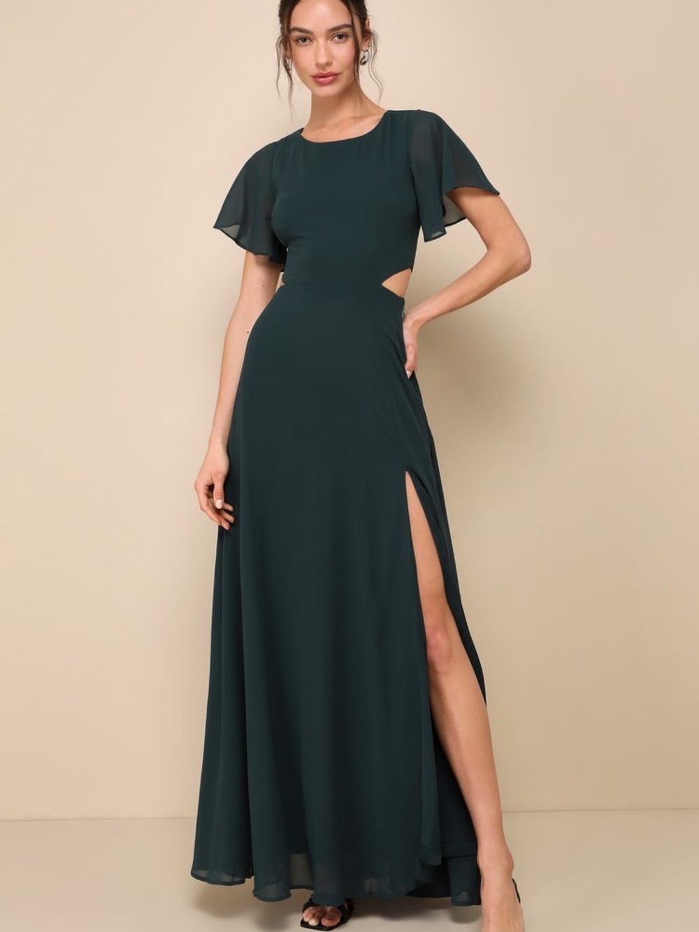 Lulus Flattering Dark Teal Maxi Dress with Flutter Sleeves and Side Cutout